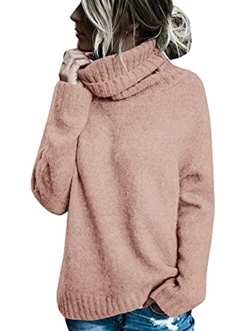 FISACE Womens Solid Round Neck Oversized Turtleneck Full Sleeve Knitted Sweater Pullover