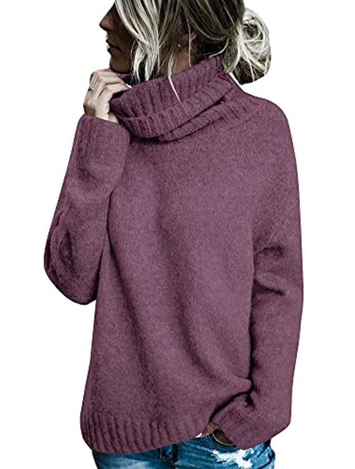 FISACE Womens Solid Round Neck Oversized Turtleneck Full Sleeve Knitted Sweater Pullover