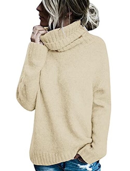 FISACE Womens Solid Round Neck Oversized Turtleneck Full Sleeve Knitted Sweater Pullover