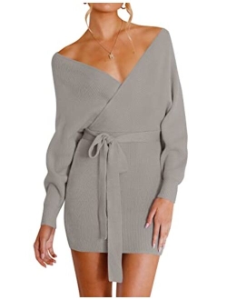 Women's Long Batwing Sleeve Wrap V Neck Knitted Backless Bodycon Pullover Sweater Dress with Belt