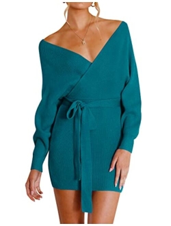 Women's Long Batwing Sleeve Wrap V Neck Knitted Backless Bodycon Pullover Sweater Dress with Belt