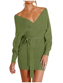 Women's Long Batwing Sleeve Wrap V Neck Knitted Backless Bodycon Pullover Sweater Dress with Belt