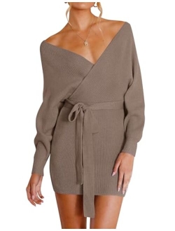 Women's Long Batwing Sleeve Wrap V Neck Knitted Backless Bodycon Pullover Sweater Dress with Belt