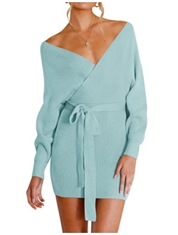 Women's Long Batwing Sleeve Wrap V Neck Knitted Backless Bodycon Pullover Sweater Dress with Belt