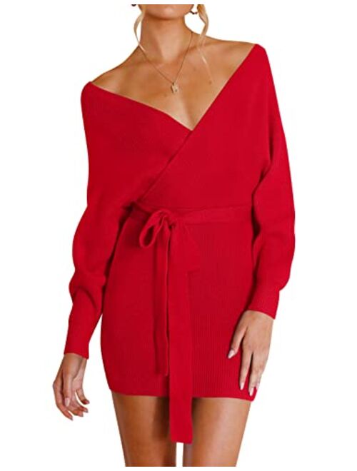 ZESICA Women's Long Batwing Sleeve Wrap V Neck Knitted Backless Bodycon Pullover Sweater Dress with Belt