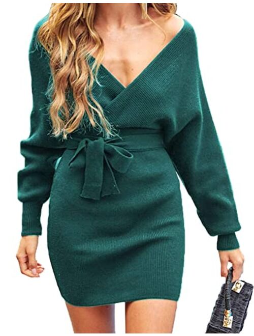 ZESICA Women's Long Batwing Sleeve Wrap V Neck Knitted Backless Bodycon Pullover Sweater Dress with Belt