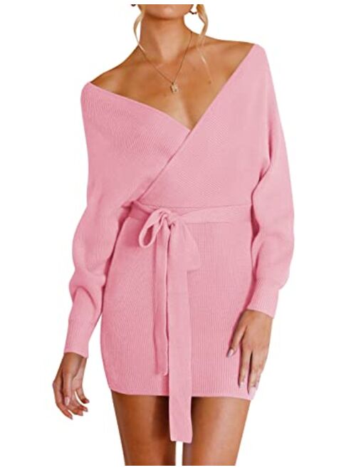 ZESICA Women's Long Batwing Sleeve Wrap V Neck Knitted Backless Bodycon Pullover Sweater Dress with Belt