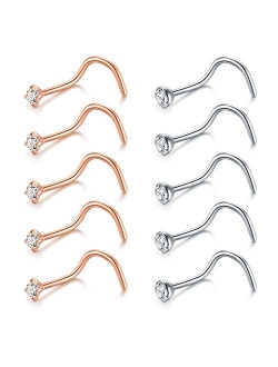 Briana Williams Nose Rings 10Pcs 20G Nose Screw Rings Studs Surgical Steel Piercing Jewelry 2mm Clear CZ