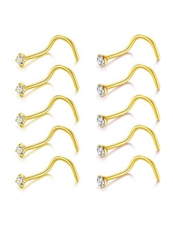 Briana Williams Nose Rings 10Pcs 20G Nose Screw Rings Studs Surgical Steel Piercing Jewelry 2mm Clear CZ