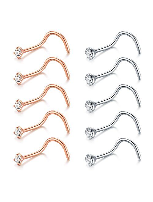 Briana Williams Nose Rings 10Pcs 20G Nose Screw Rings Studs Surgical Steel Piercing Jewelry 2mm Clear CZ