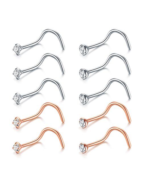 Briana Williams Nose Rings 10Pcs 20G Nose Screw Rings Studs Surgical Steel Piercing Jewelry 2mm Clear CZ