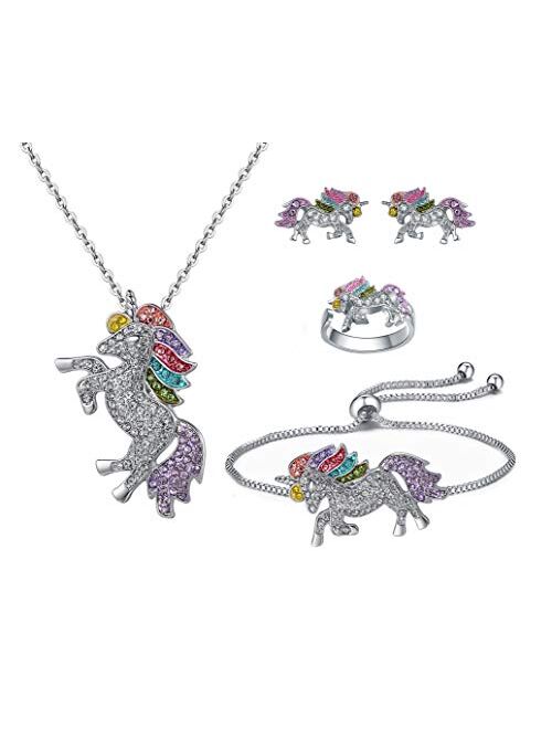 SHWIN Unicorn Necklace - 2 or 4 Pack Rainbow Unicorn Necklace Bracelet Set for Girls Jewelry Unicorn Gifts Set