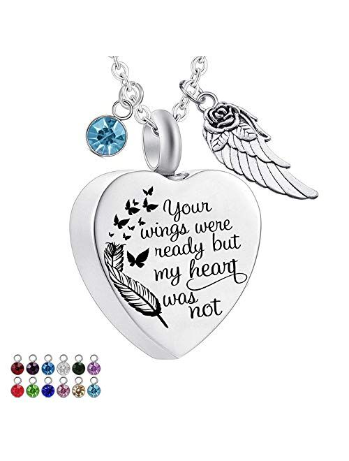 God has You in his arms with Angel Wing Charm Cremation Ashes Jewelry Keepsake Memorial Urn Necklace with Birthstone Crystal