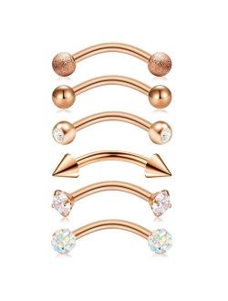 Briana Williams 6pcs Stainless Steel Rook Daith Earrings Belly Lip Ring Eyebrow Studs Cartilage Tragus Cubic Zirconia Barbell Body Piercing 8mm (5/16")