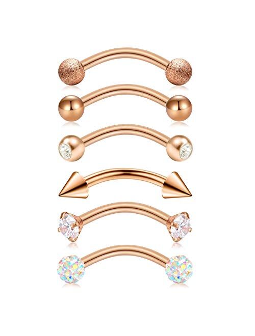 Briana Williams 6pcs Stainless Steel Rook Daith Earrings Belly Lip Ring Eyebrow Studs Cartilage Tragus Cubic Zirconia Barbell Body Piercing 8mm (5/16")