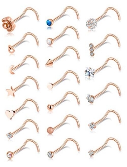 Tornito 20G 20Pcs Nose Ring CZ Nose Stud Retainer L Bone Screw Shaped Nose Piercing Jewelry Set for Women Men Stainless Steel Rose Gold Tone
