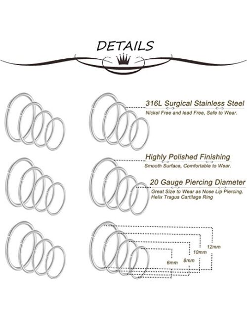 Masedy 24Pcs 20G 316L Stainless Steel Nose Rings Hoop Tragus Cartilage Helix Piercing Lip Septum Ring 6-12MM Bendable