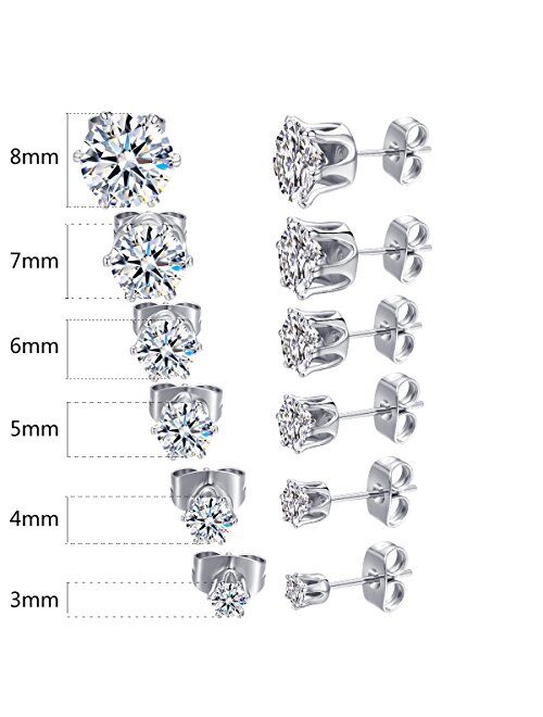 MDFUN 18K White Gold Plated Round Clear Cubic Zirconia Stud Earring Pack of 6 Pairs (6 Pairs)