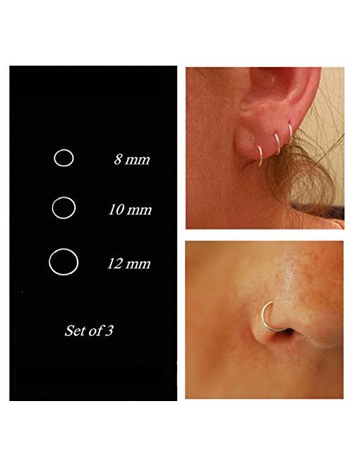 Nose Rings Cartilage Hoop Earrings Body Piercing Adjustable Round Sterling Silver Jewelry for Women Men Girls