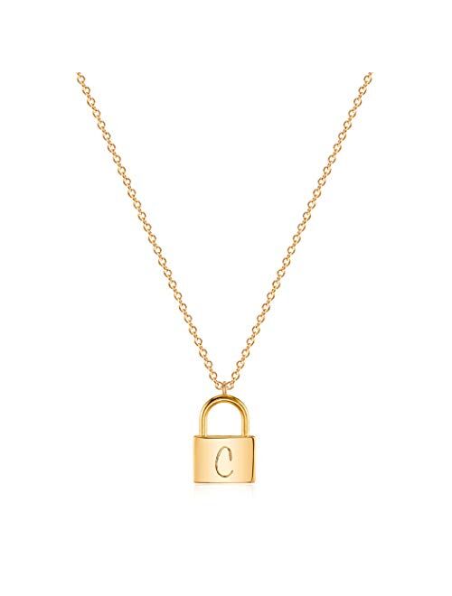 Mevecco Gold Dainty Initial Necklace Lock Necklace 18K Gold Plated Padlock Necklace Letter Necklaces for Women Minimalist Personalized Jewelry