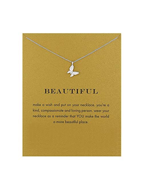 LANG XUAN Friendship Compass Necklace Good Luck Butterfly Pendant Chain Necklace with Message Card Gift Card for Women Girl