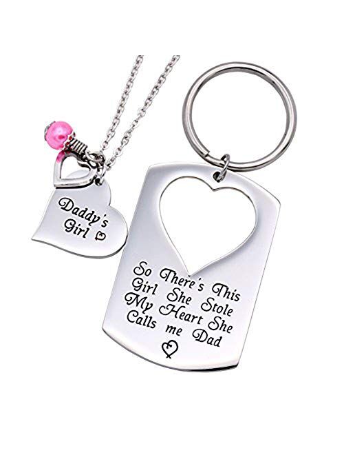 O.RIYA Gifts for Dad Necklace Jewelry, Father Daughter Keychain Jewelry, Daddys Girl Birthday Necklace Set, There's This Girl Who Stole My Heart She Calls Me Daddy