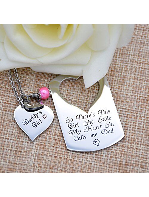 O.RIYA Gifts for Dad Necklace Jewelry, Father Daughter Keychain Jewelry, Daddys Girl Birthday Necklace Set, There's This Girl Who Stole My Heart She Calls Me Daddy