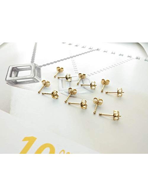 6 Pairs 14K Gold Plated 316L Surgical Steel Cartilage Piercing Tiny Stud Earrings 20G, Style Ball - Pearl - Cubic Zirconia - Disc, Color Gold - Silver - Rose Gold - Black