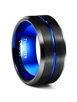 Greenpod Mens Tungsten Ring Wedding Band 8mm 10mm Engraved I Love You Thin Blue/Rose Gold/Black Centre Groove Comfort Fit Size 6-17