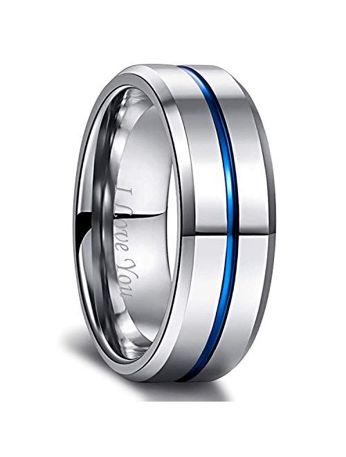 Greenpod Mens Tungsten Ring Wedding Band 8mm 10mm Engraved I Love You Thin Blue/Rose Gold/Black Centre Groove Comfort Fit Size 6-17