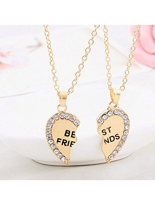 ODETOJOY Best Friends Necklace for 2 BFF Broken Heart Necklace Rhinestone Bestfriends Engraved Letters Pendant