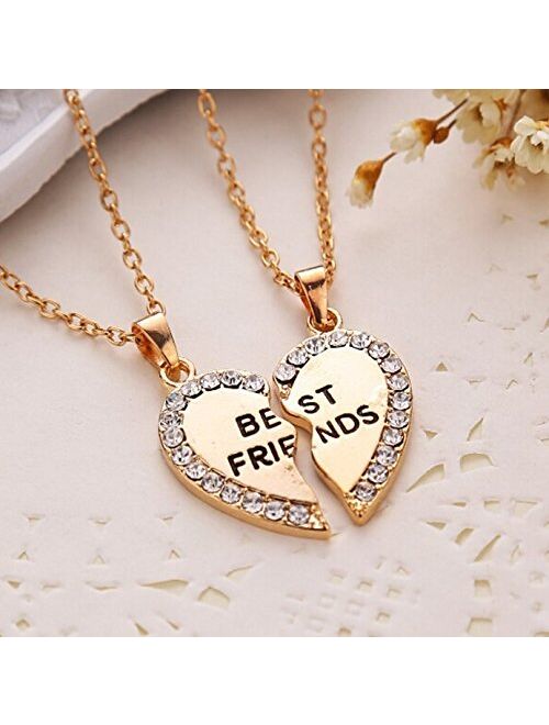 ODETOJOY Best Friends Necklace for 2 BFF Broken Heart Necklace Rhinestone Bestfriends Engraved Letters Pendant