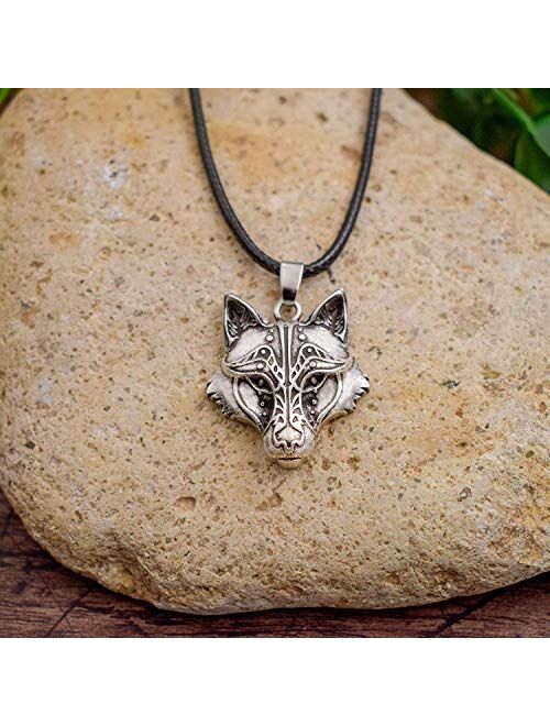 HAQUIL Wolf Necklace - Viking Celtic Wolf Head Pendant - Leather Cord - Wolf Jewelry Gifts