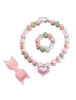 vcmart Girls Gilitter Heart Chunky Bubblegum Bead Necklace & Bracelet Set Fashion Jewelry Pendant with Gift Box