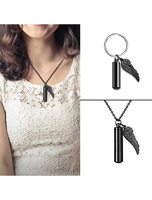 Dletay Cylinder Cremation Urn Necklace for Ashes Memorial Keepsake Pendant with Angel Wing Stainless Steel Remembrance Jewelry