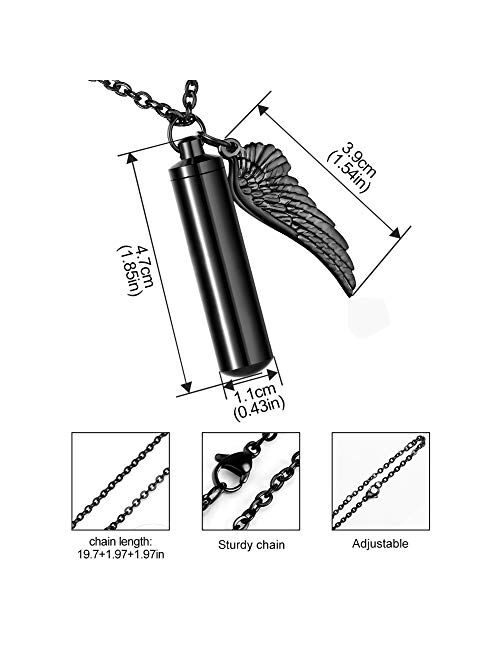 Dletay Cylinder Cremation Urn Necklace for Ashes Memorial Keepsake Pendant with Angel Wing Stainless Steel Remembrance Jewelry