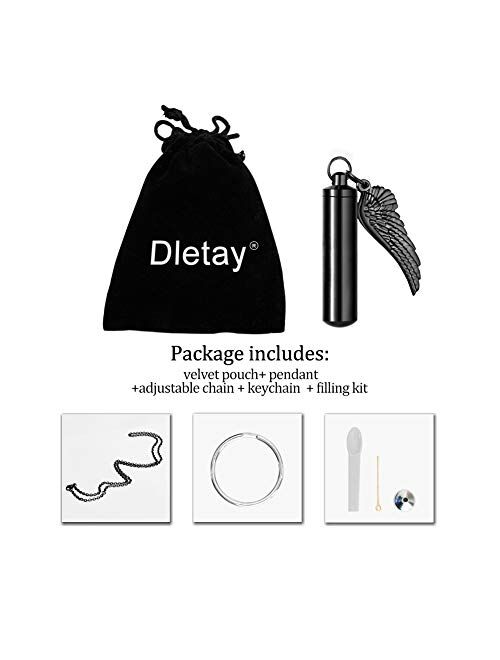 Dletay Cylinder Cremation Urn Necklace for Ashes Memorial Keepsake Pendant with Angel Wing Stainless Steel Remembrance Jewelry