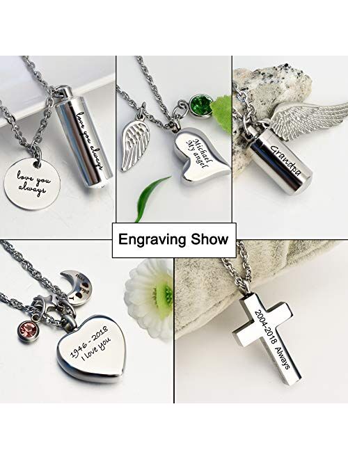 Dletay Cylinder Cremation Urn Necklace for Ashes Memorial Keepsake Pendant with Angel Wing Stainless Steel Remembrance Jewelry