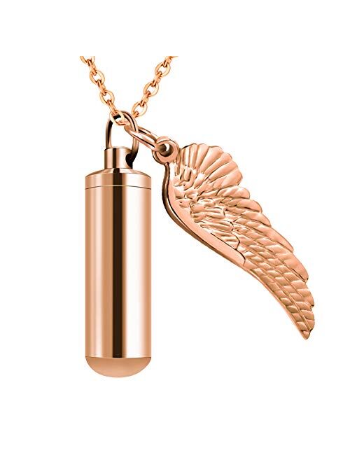 Dletay Cylinder Cremation Urn Necklace for Ashes Memorial Keepsake Pendant with Angel Wing Stainless Steel Remembrance Jewelry