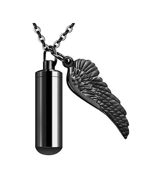 Dletay Cylinder Cremation Urn Necklace for Ashes Memorial Keepsake Pendant with Angel Wing Stainless Steel Remembrance Jewelry