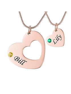 Stainless Steel Personalized Key Heart Puzzle Necklace Set with Birthstones - Custom Made with Any Name