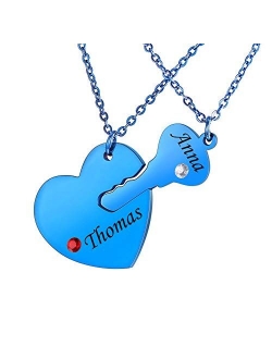 Stainless Steel Personalized Key Heart Puzzle Necklace Set with Birthstones - Custom Made with Any Name