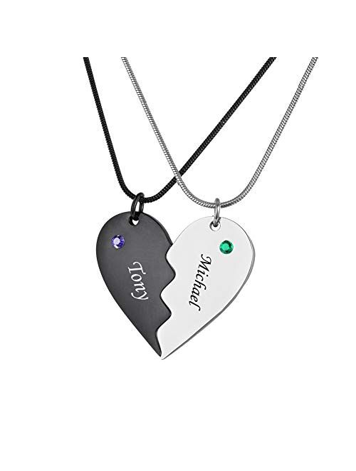 Stainless Steel Personalized Key Heart Puzzle Necklace Set with Birthstones - Custom Made with Any Name