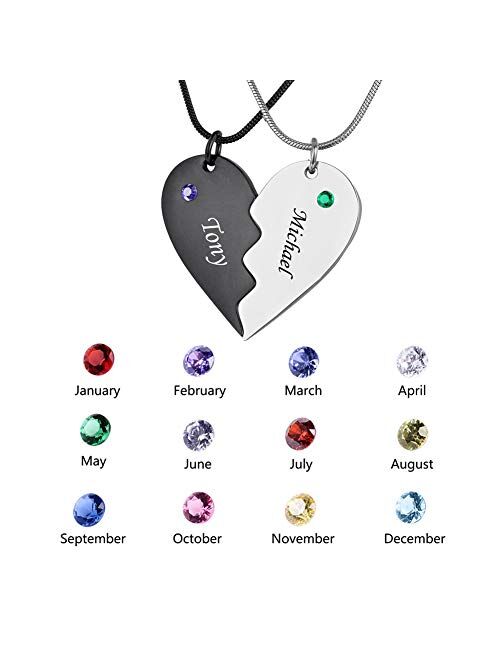 Stainless Steel Personalized Key Heart Puzzle Necklace Set with Birthstones - Custom Made with Any Name