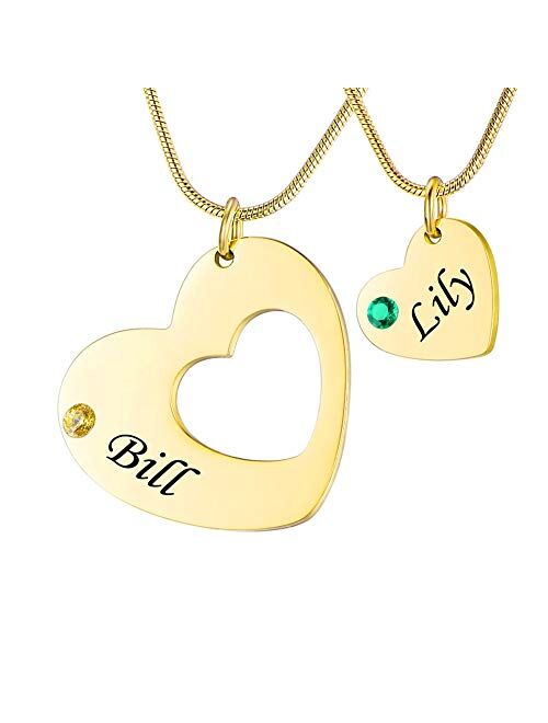 Stainless Steel Personalized Key Heart Puzzle Necklace Set with Birthstones - Custom Made with Any Name