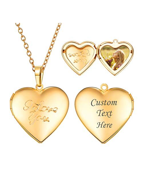 U7 Women Girls Photo Locket Pendant Heart/Round Shaped Fashion Jewelry 18K Gold Plated Necklace, with Custom Image or Text Engrave Service