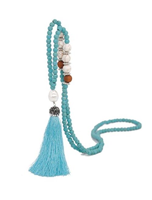 Long Tassel Necklace Handmade Turquoise Pearl Crystal Beads Necklace for Women Fashion Jewelry