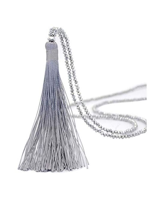 Long Tassel Necklace Handmade Turquoise Pearl Crystal Beads Necklace for Women Fashion Jewelry