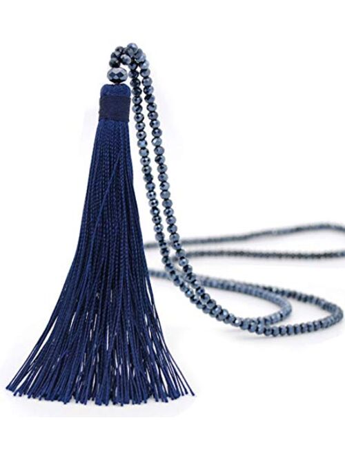 Long Tassel Necklace Handmade Turquoise Pearl Crystal Beads Necklace for Women Fashion Jewelry