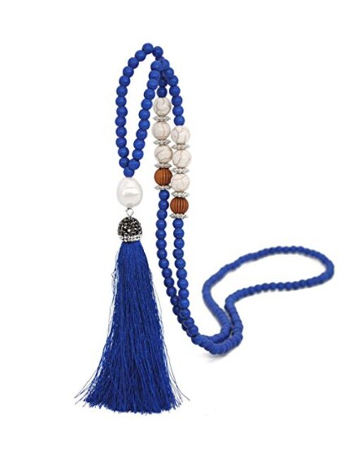 Long Tassel Necklace Handmade Turquoise Pearl Crystal Beads Necklace for Women Fashion Jewelry